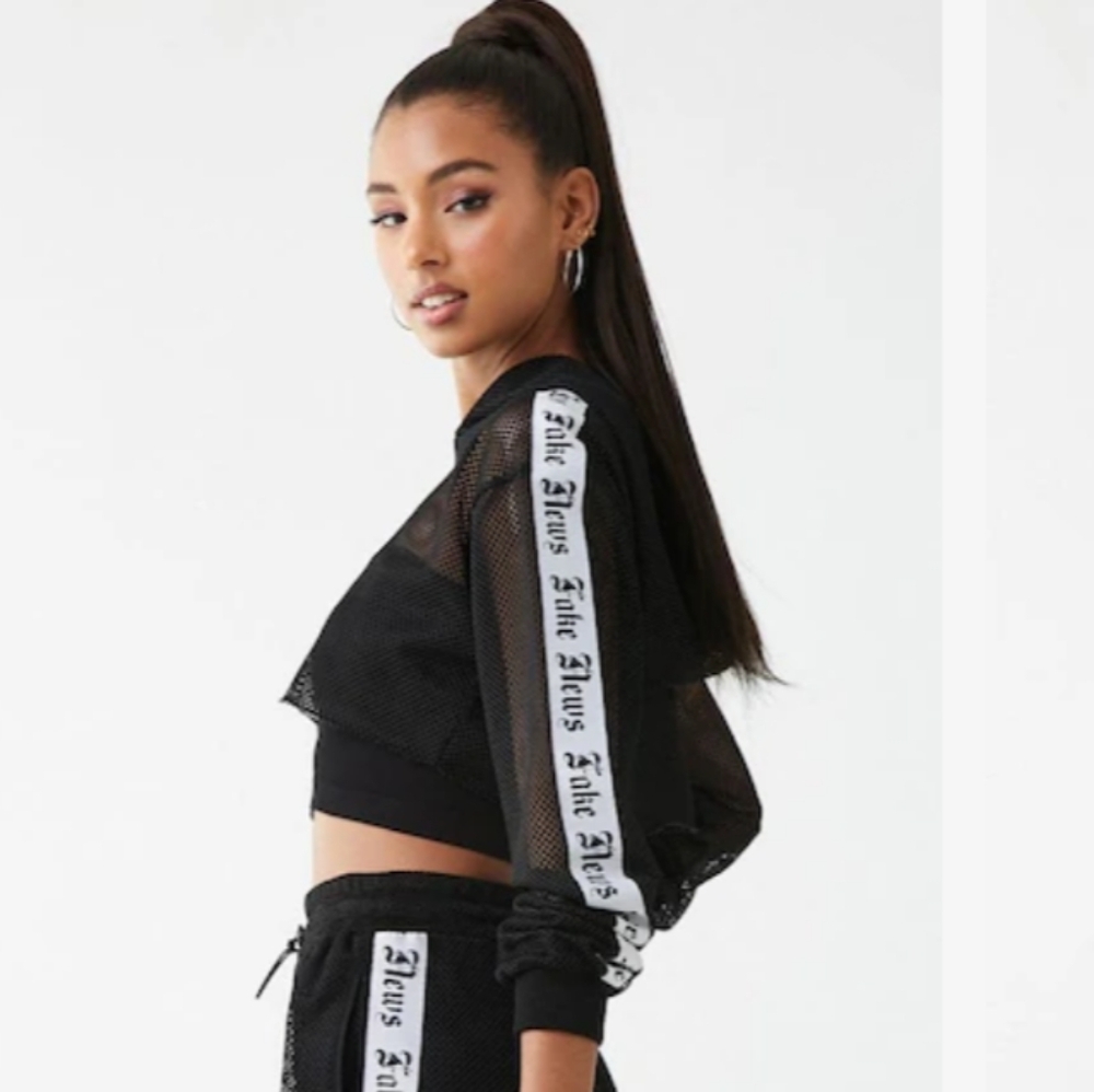 Fake News Sheer Mesh Y2K Black Cropped Hoodie